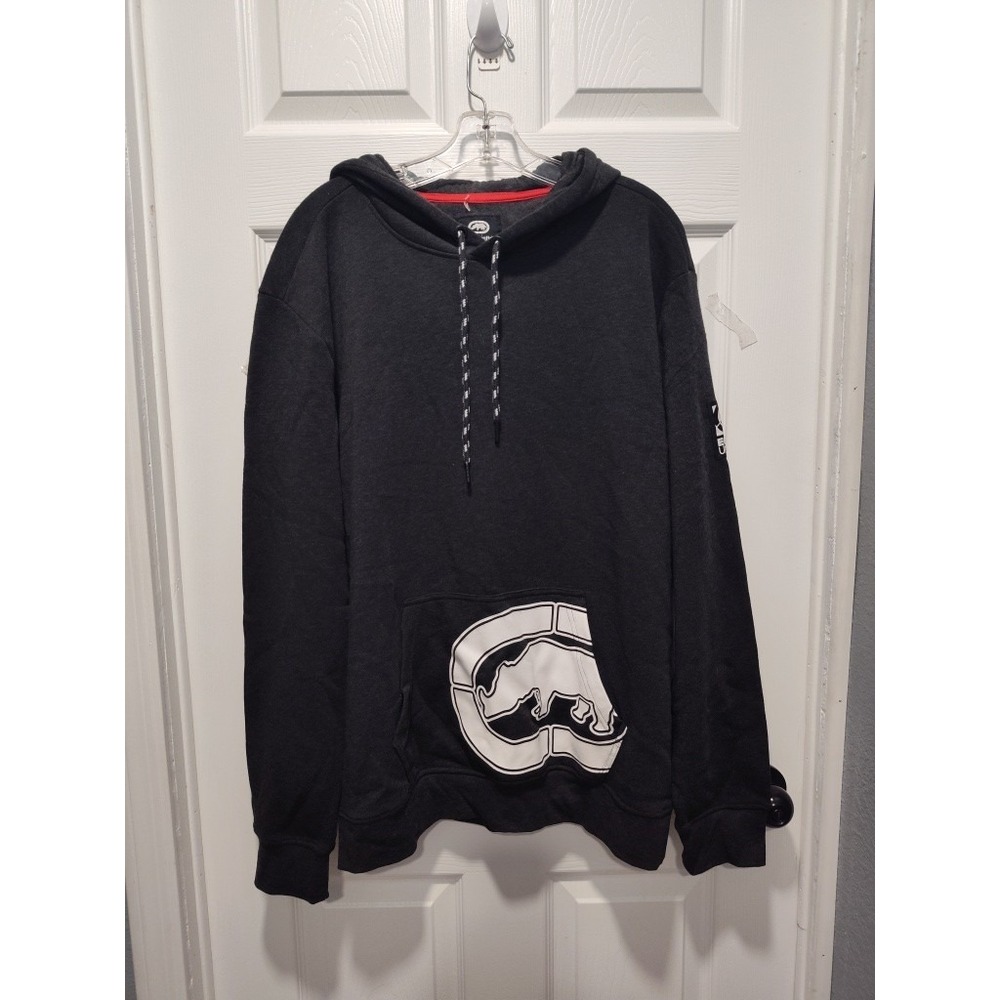 Ecko Unltd Charcoal Heathered Gray Hoodie White‎ Pocket/Sleeve Logo Size Large